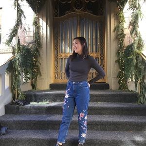Topshop Denim Mom Jeans w/ Embroidered Florals